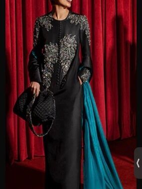 Black Embroidered Long Sleeve Evening Dress